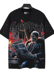 Dark skeleton print vintage-style T-shirt with a worn-out look 29033292