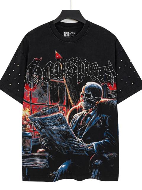 Dark skeleton print vintage-style T-shirt with a worn-out look 29033292