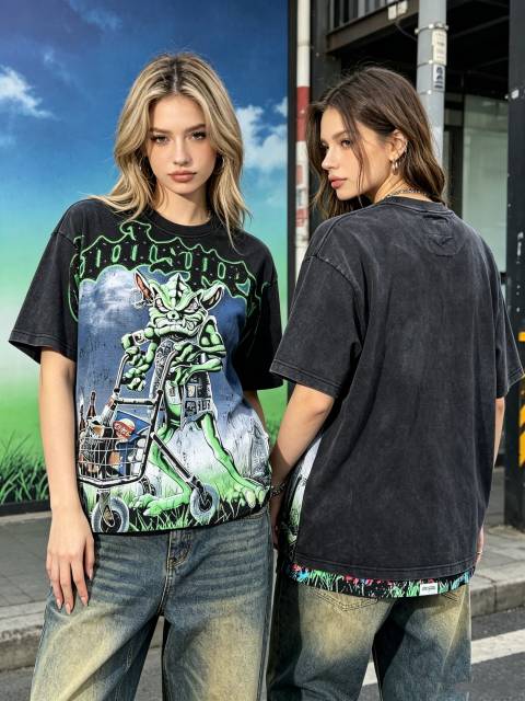 Little Devil  vintage washed printed loose short-sleeved T-shirt 29033480