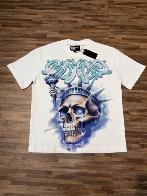 American-style white and blue contrast lightning bolt skeleton print short-sleeved shirt 29035015