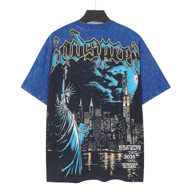 Blue New York night scene with Statue of Liberty vintage washed T-shirt 29035099