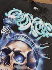 Vintage Blue Flame Skull Liberty Statue Distressed T-shirt 29033496