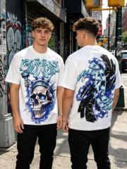 American-style white and blue contrast lightning bolt skeleton print short-sleeved shirt 29035015