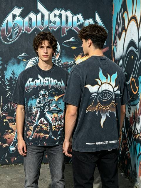 Space Warrior vintage washed printed short-sleeved shirt 29033336