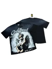 American-style washed and distressed black angel child's loose short-sleeved shirt 29047384
