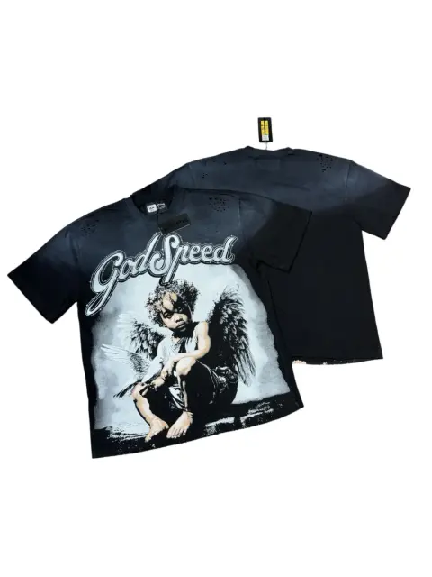 American-style washed and distressed black angel child's loose short-sleeved shirt 29047384