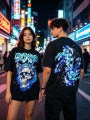 Vintage Blue Flame Skull Liberty Statue Distressed T-shirt 29033496