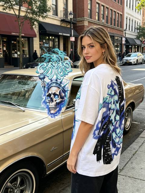 American-style white and blue contrast lightning bolt skeleton print short-sleeved shirt 29035015