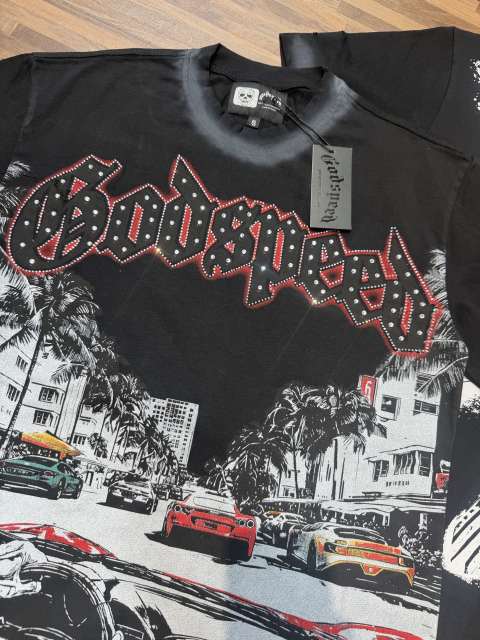 Miami sports car party rhinestone gradient distressed T-shirt 2 colors 29038229