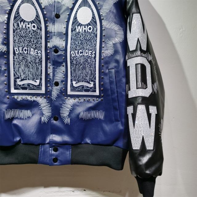 WHO DECIDES WAR Gothic Totem Embroidered PU Rhinestone Biker Jacket