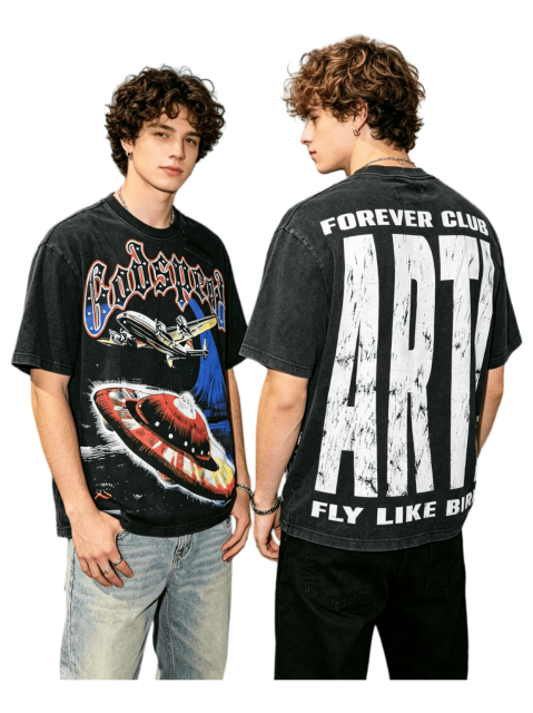 Vintage UFO aircraft print distressed washed short-sleeved T-shirt 29035259