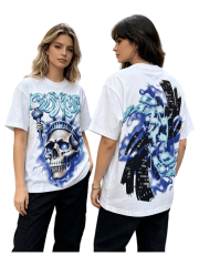 American-style white and blue contrast lightning bolt skeleton print short-sleeved shirt 29035015