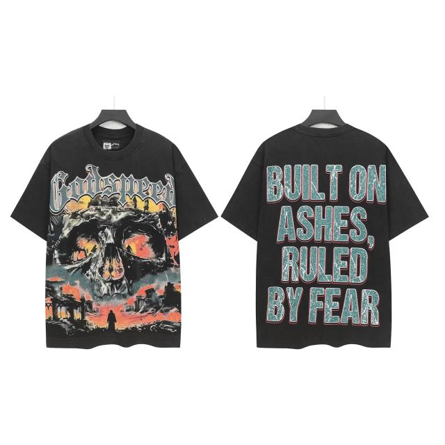 Flame Skeleton Ruined City Print Washed Version Tee 2 colors 28576259