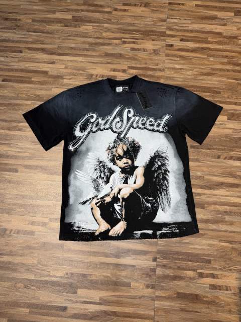 American-style washed and distressed black angel child's loose short-sleeved shirt 29047384