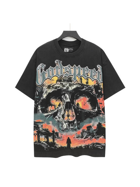 Flame Skeleton Ruined City Print Washed Version Tee 2 colors 28576259