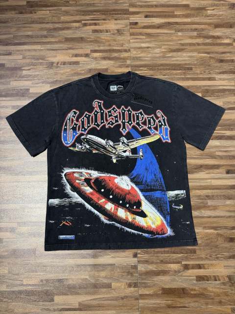 Vintage UFO aircraft print distressed washed short-sleeved T-shirt 29035259