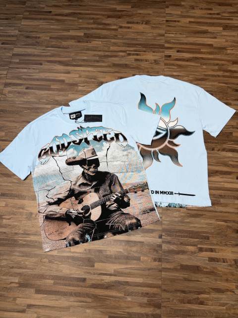 Light blue western cowboy skull guitar double-sided printed T-shirt 29038260