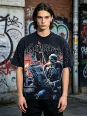 Dark skeleton print vintage-style T-shirt with a worn-out look 29033292