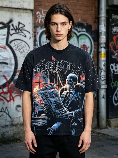 Dark skeleton print vintage-style T-shirt with a worn-out look 29033292