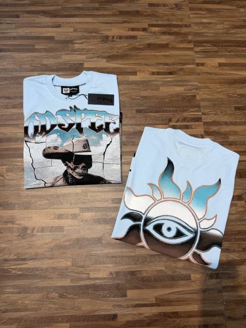 Light blue western cowboy skull guitar double-sided printed T-shirt 29038260