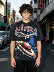 Vintage UFO aircraft print distressed washed short-sleeved T-shirt 29035259
