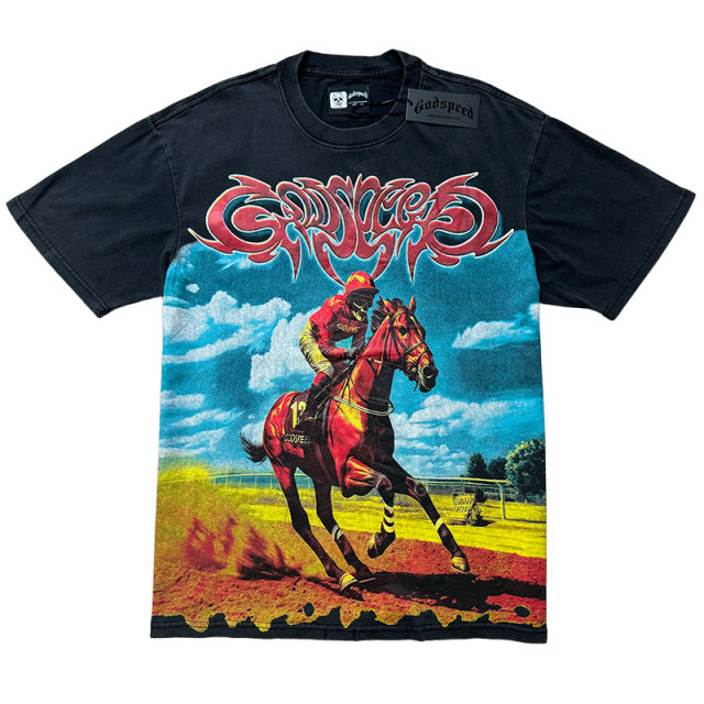 Godspeed Skeleton Horse Racing Print Washed Version Tee 2 colors