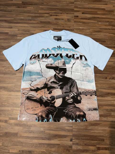 Light blue western cowboy skull guitar double-sided printed T-shirt 29038260