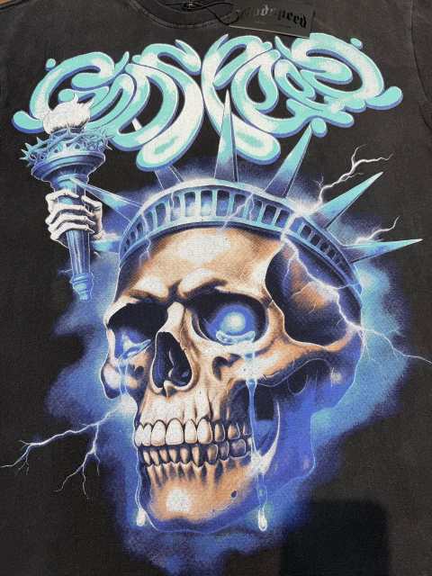 Vintage Blue Flame Skull Liberty Statue Distressed T-shirt 29033496