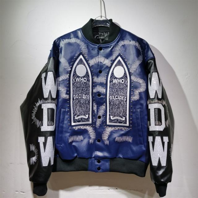 WHO DECIDES WAR Gothic Totem Embroidered PU Rhinestone Biker Jacket