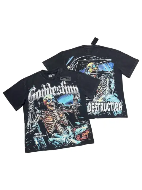 Racing car skeleton double-sided printed vintage washed T-shirt 29038204