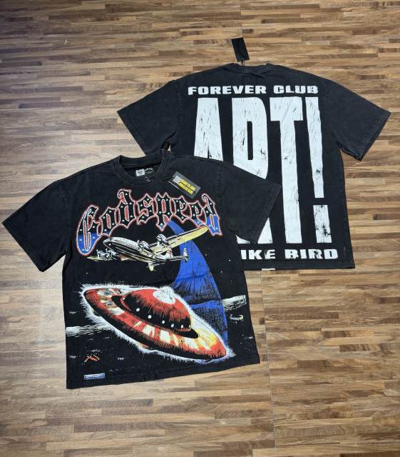 Vintage UFO aircraft print distressed washed short-sleeved T-shirt 29035259