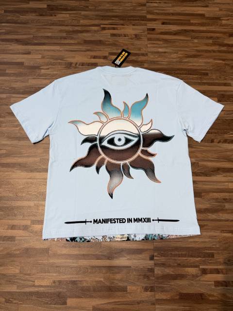 Light blue western cowboy skull guitar double-sided printed T-shirt 29038260
