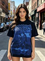 Vintage washed starry sky silhouette print loose short-sleeved T-shirt 29033304