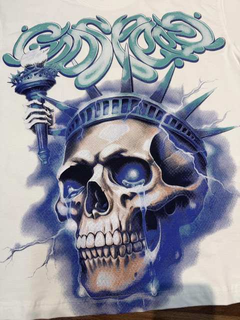 American-style white and blue contrast lightning bolt skeleton print short-sleeved shirt 29035015