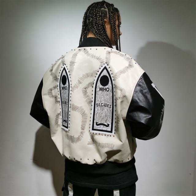 WHO DECIDES WAR Gothic Totem Embroidered PU Rhinestone Biker Jacket