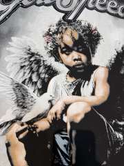 American-style washed and distressed black angel child's loose short-sleeved shirt 29047384