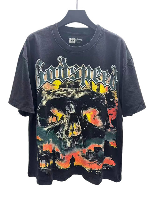 Flame Skeleton Ruined City Print Washed Version Tee 2 colors 28576259