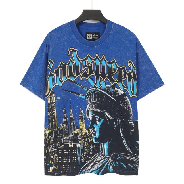 Blue New York night scene with Statue of Liberty vintage washed T-shirt 29035099