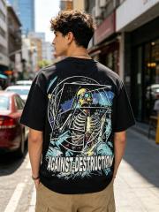 Racing car skeleton double-sided printed vintage washed T-shirt 29038204