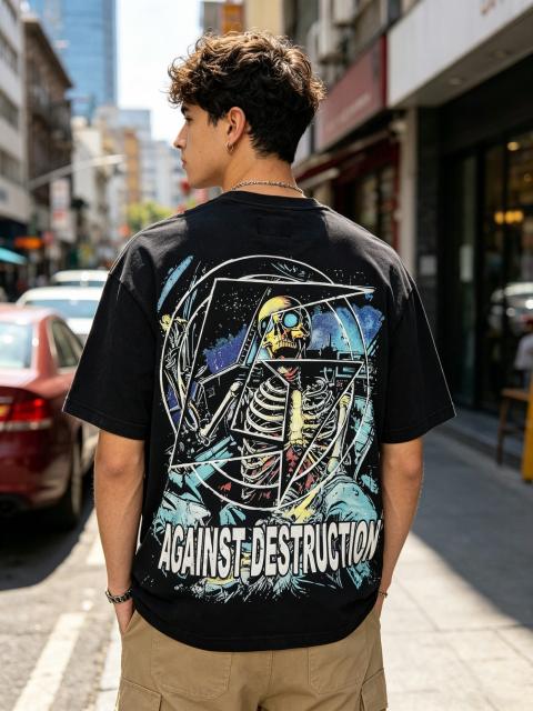 Racing car skeleton double-sided printed vintage washed T-shirt 29038204