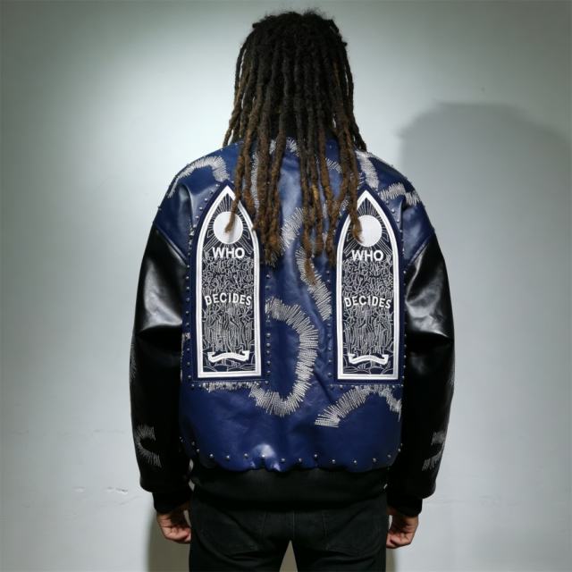 WHO DECIDES WAR Gothic Totem Embroidered PU Rhinestone Biker Jacket