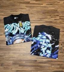 Vintage Blue Flame Skull Liberty Statue Distressed T-shirt 29033496