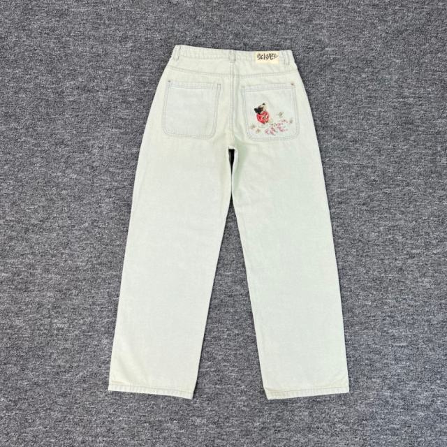 Derschutze Koi Fish Denim Loose Straight Jeans With Pond Bear Embroidery