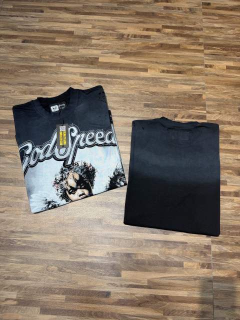 American-style washed and distressed black angel child's loose short-sleeved shirt 29047384