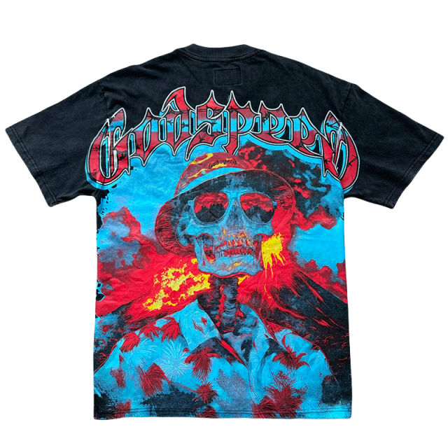 Back Volcanic Eruption Skull Print Washed Version Tee 2 colors
