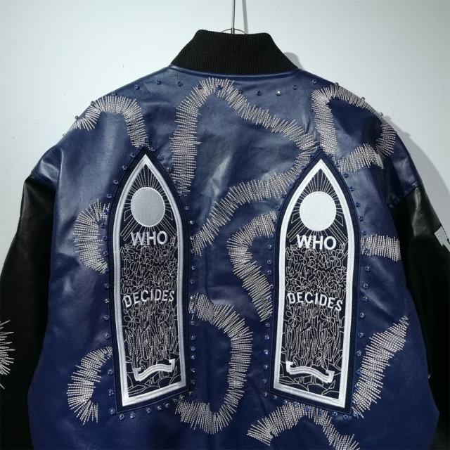 WHO DECIDES WAR Gothic Totem Embroidered PU Rhinestone Biker Jacket