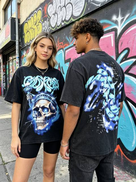 Vintage Blue Flame Skull Liberty Statue Distressed T-shirt 29033496