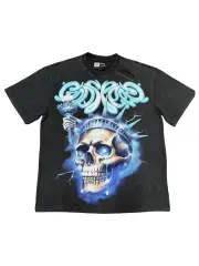 Vintage Blue Flame Skull Liberty Statue Distressed T-shirt 29033496