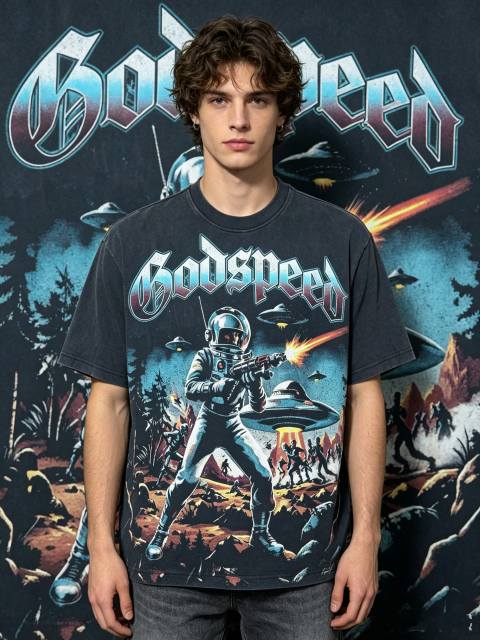 Space Warrior vintage washed printed short-sleeved shirt 29033336