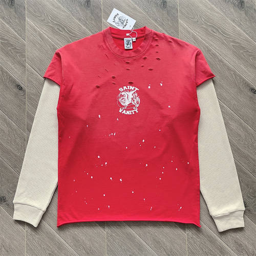 Saint Vanity Washed Vintage Distressed Fake Two-Piece Long Sleeve T-Shirt
